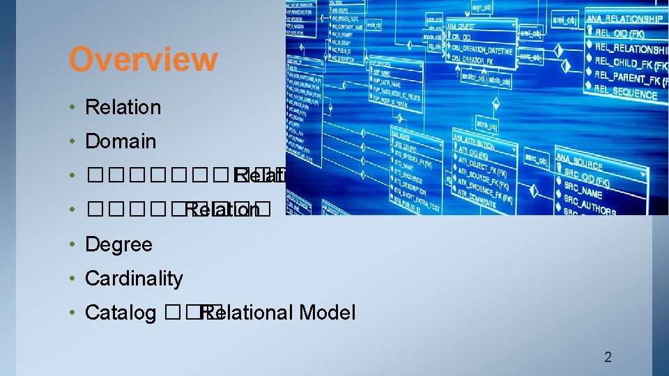 Overview • Relation • Domain • ������ Relation • Degree • Cardinality • Catalog