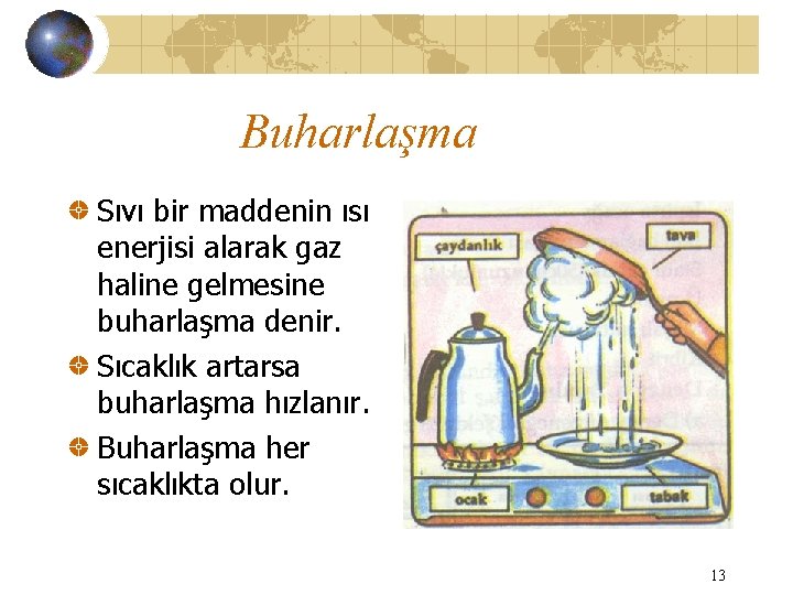 Buharlaşma Sıvı bir maddenin ısı enerjisi alarak gaz haline gelmesine buharlaşma denir. Sıcaklık artarsa