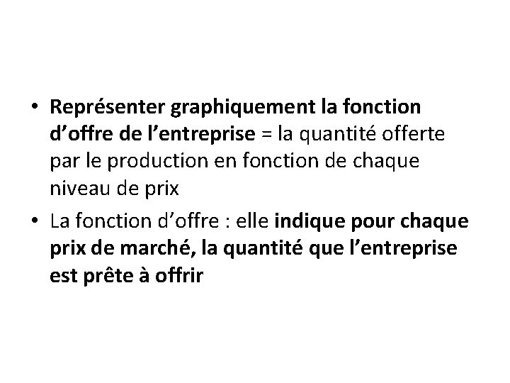  • Représenter graphiquement la fonction d’offre de l’entreprise = la quantité offerte par