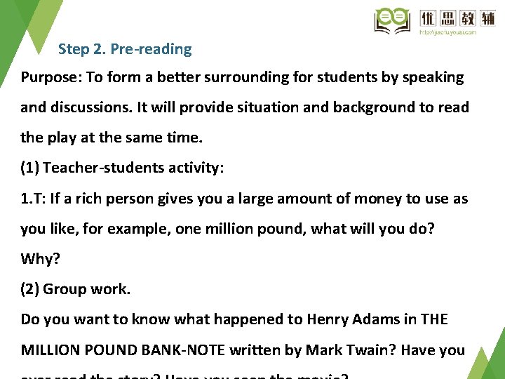 Step 2. Pre-reading Purpose: To form a better surrounding for students by speaking and