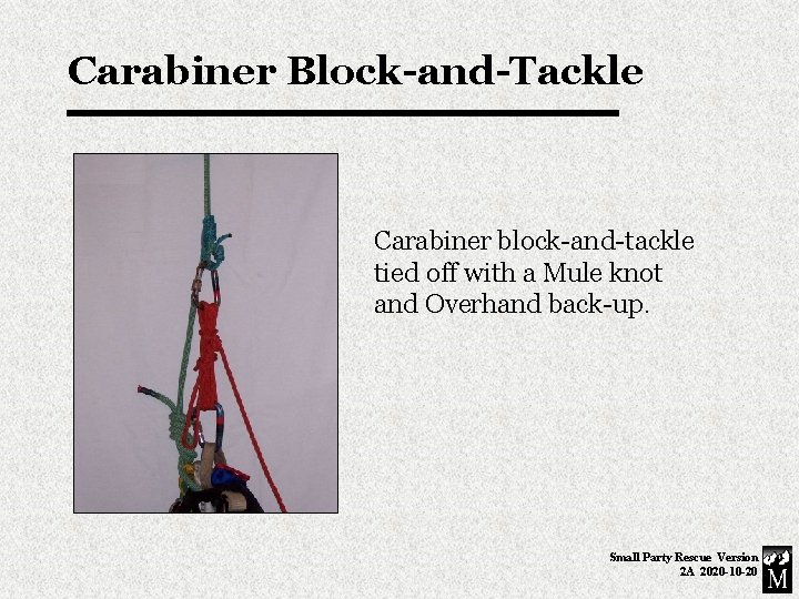 Carabiner Block-and-Tackle Carabiner block-and-tackle tied off with a Mule knot and Overhand back-up. Small