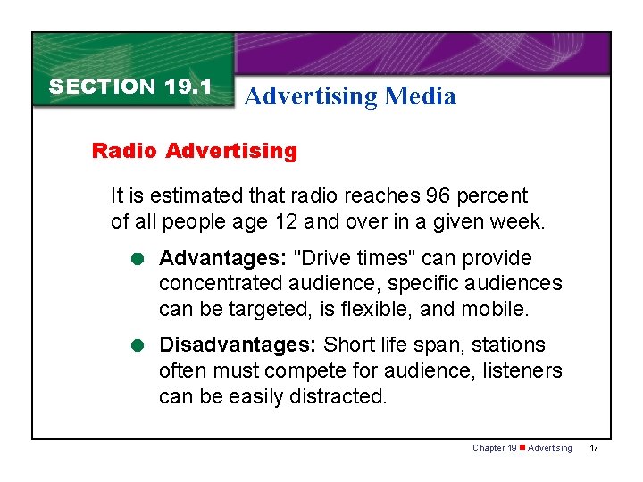 SECTION 19. 1 Advertising Media Radio Advertising It is estimated that radio reaches 96
