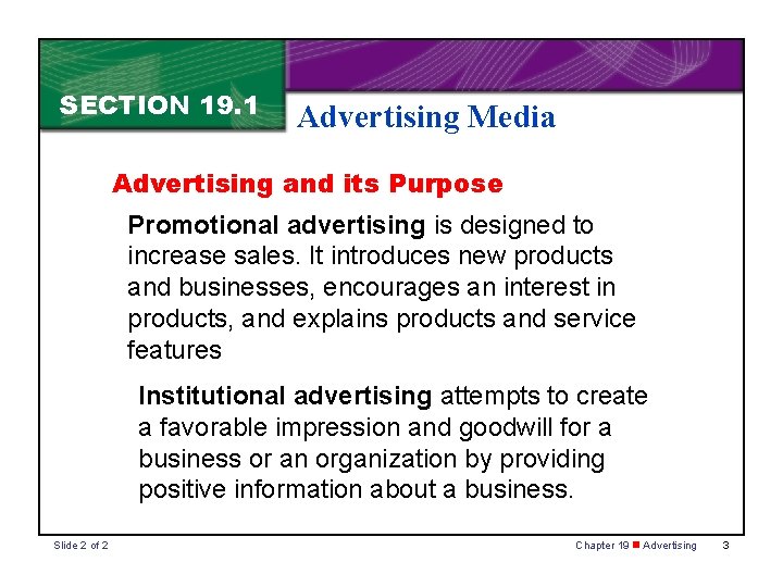 SECTION 19. 1 Advertising Media Advertising and its Purpose Promotional advertising is designed to