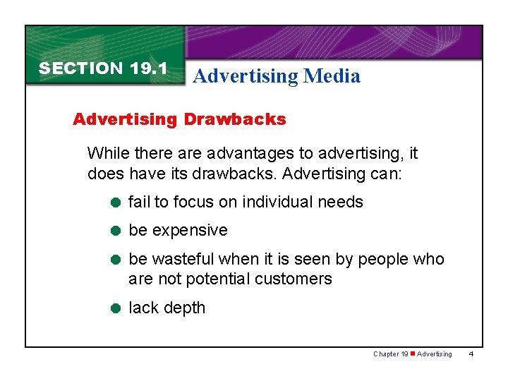 SECTION 19. 1 Advertising Media Advertising Drawbacks While there advantages to advertising, it does