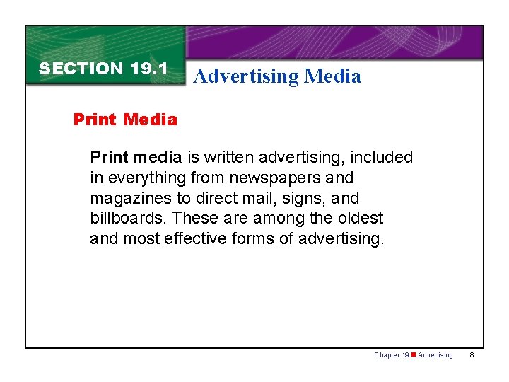 SECTION 19. 1 Advertising Media Print media is written advertising, included in everything from