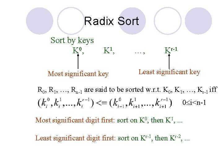 Radix Sort by keys K 0, K 1, Most significant key …, Kr-1 Least