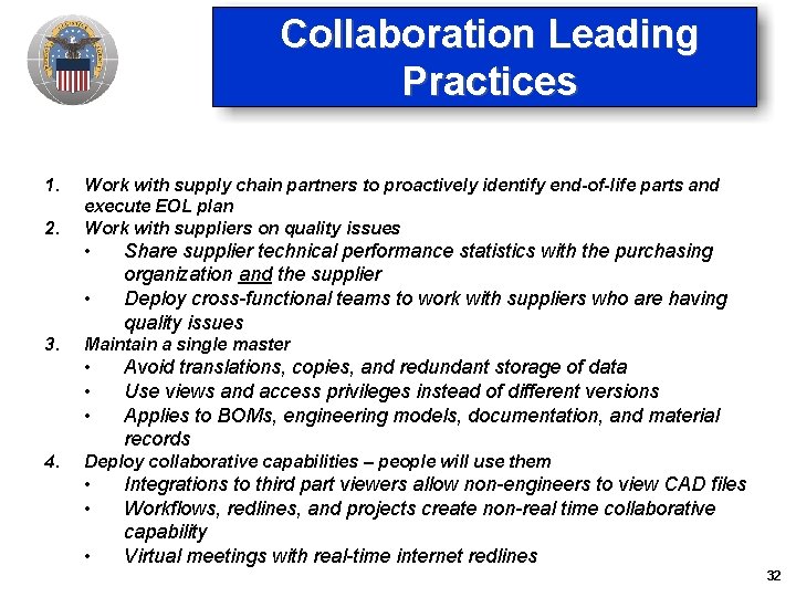 Collaboration Leading Practices 1. 2. Work with supply chain partners to proactively identify end-of-life Collaboration Leading Practices 1. 2. Work with supply chain partners to proactively identify end-of-life