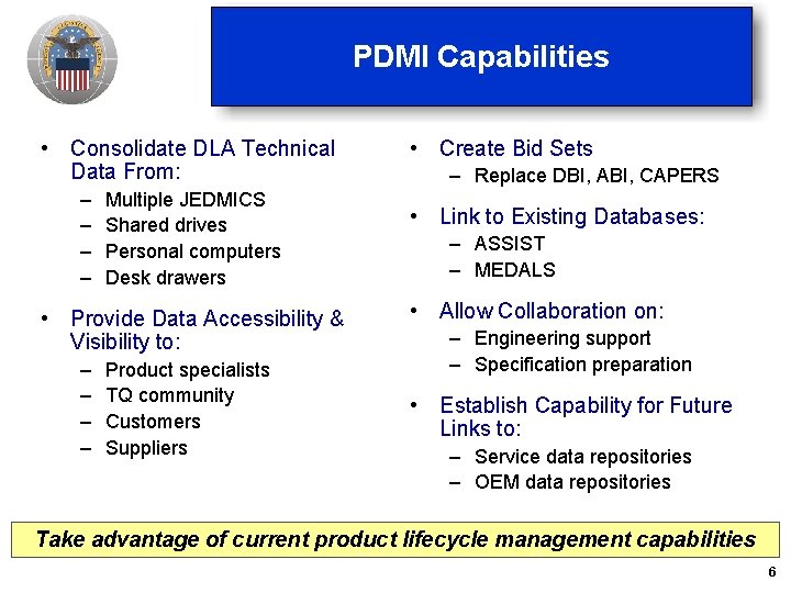 PDMI Capabilities • Consolidate DLA Technical Data From: – – Multiple JEDMICS Shared drives PDMI Capabilities • Consolidate DLA Technical Data From: – – Multiple JEDMICS Shared drives