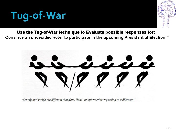 Tug-of-War Use the Tug-of-War technique to Evaluate possible responses for: “Convince an undecided voter