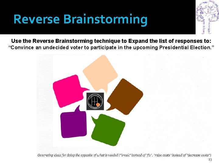 Reverse Brainstorming Use the Reverse Brainstorming technique to Expand the list of responses to: