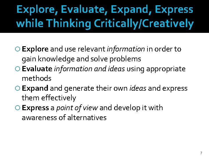 Explore, Evaluate, Expand, Express while Thinking Critically/Creatively Explore and use relevant information in order