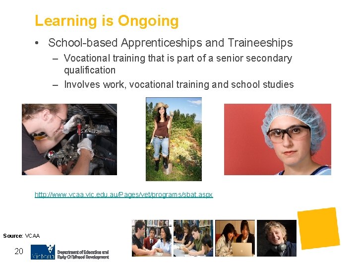 Learning is Ongoing • School-based Apprenticeships and Traineeships – Vocational training that is part