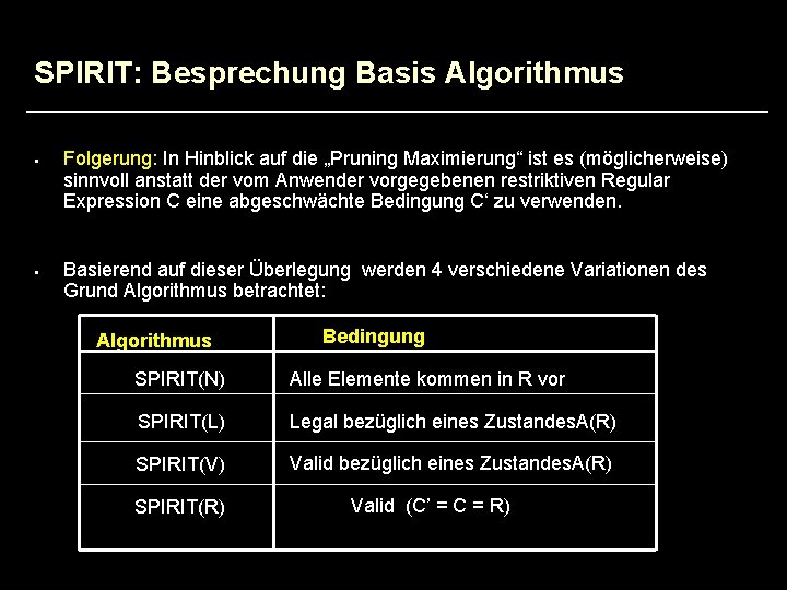 SPIRIT: Besprechung Basis Algorithmus § § Folgerung: In Hinblick auf die „Pruning Maximierung“ ist