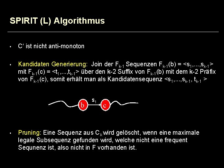 SPIRIT (L) Algorithmus § § C‘ ist nicht anti-monoton Kandidaten Generierung: Join der Fk-1