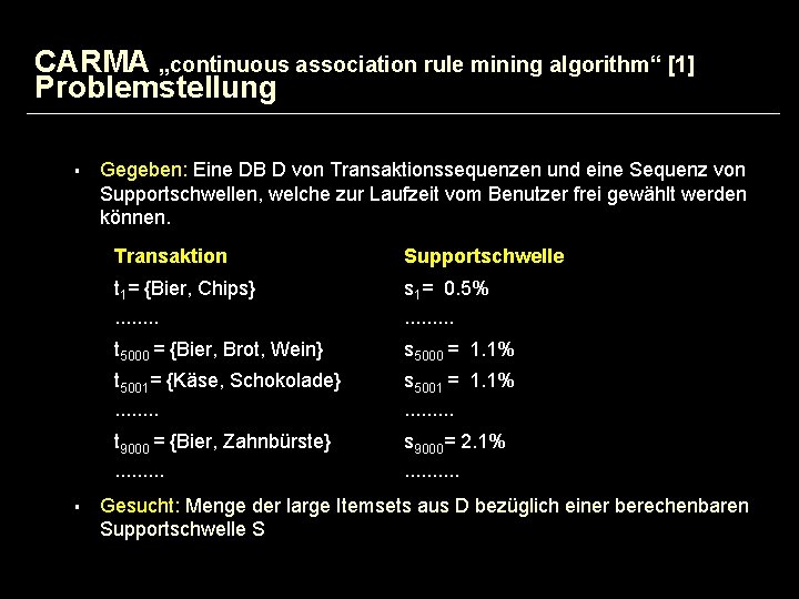 CARMA „continuous association rule mining algorithm“ [1] Problemstellung § § Gegeben: Eine DB D