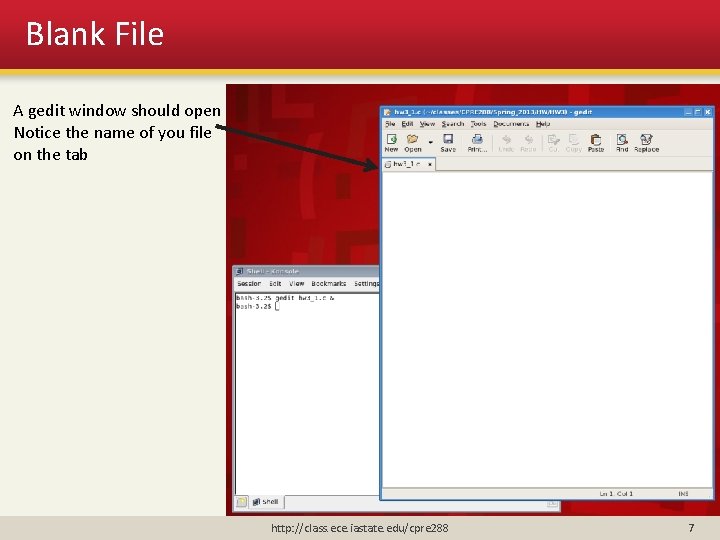 Blank File A gedit window should open Notice the name of you file on