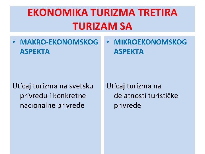 EKONOMIKA TURIZMA TRETIRA TURIZAM SA • MAKRO-EKONOMSKOG • MIKROEKONOMSKOG ASPEKTA Uticaj turizma na svetsku