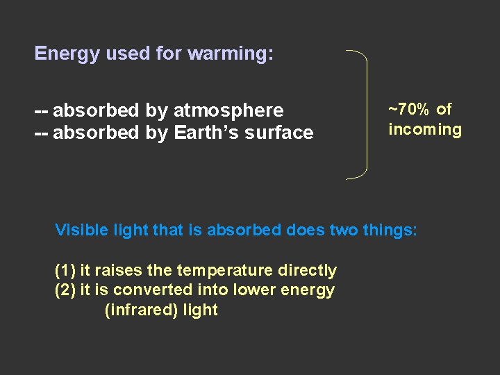 Energy used for warming: -- absorbed by atmosphere -- absorbed by Earth’s surface ~70%