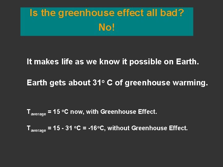 Is the greenhouse effect all bad? No! It makes life as we know it