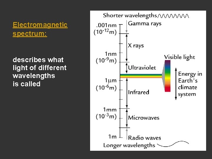 Electromagnetic spectrum: describes what light of different wavelengths is called 