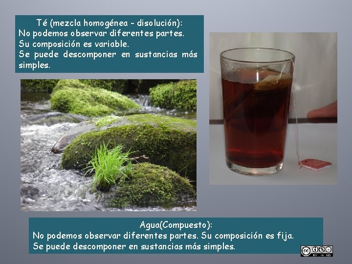 Té (mezcla homogénea - disolución): No podemos observar diferentes partes. Su composición es variable.