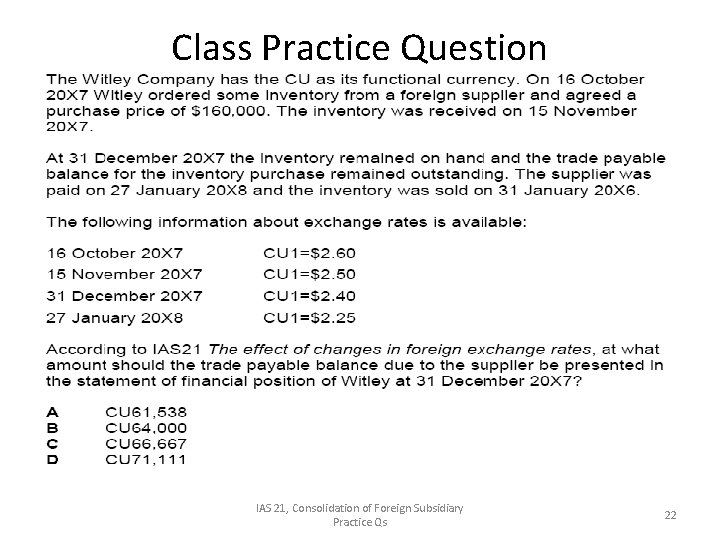 Class Practice Question IAS 21, Consolidation of Foreign Subsidiary Practice Qs 22 