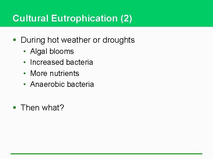 Cultural Eutrophication (2) § During hot weather or droughts • • Algal blooms Increased