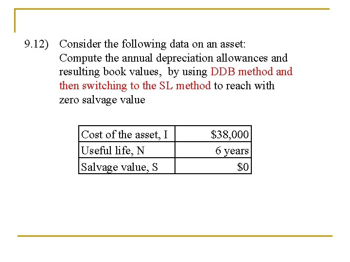 9. 12) Consider the following data on an asset: Compute the annual depreciation allowances