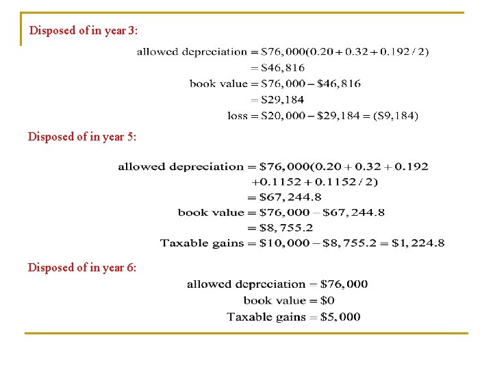 Disposed of in year 3: Disposed of in year 5: Disposed of in year