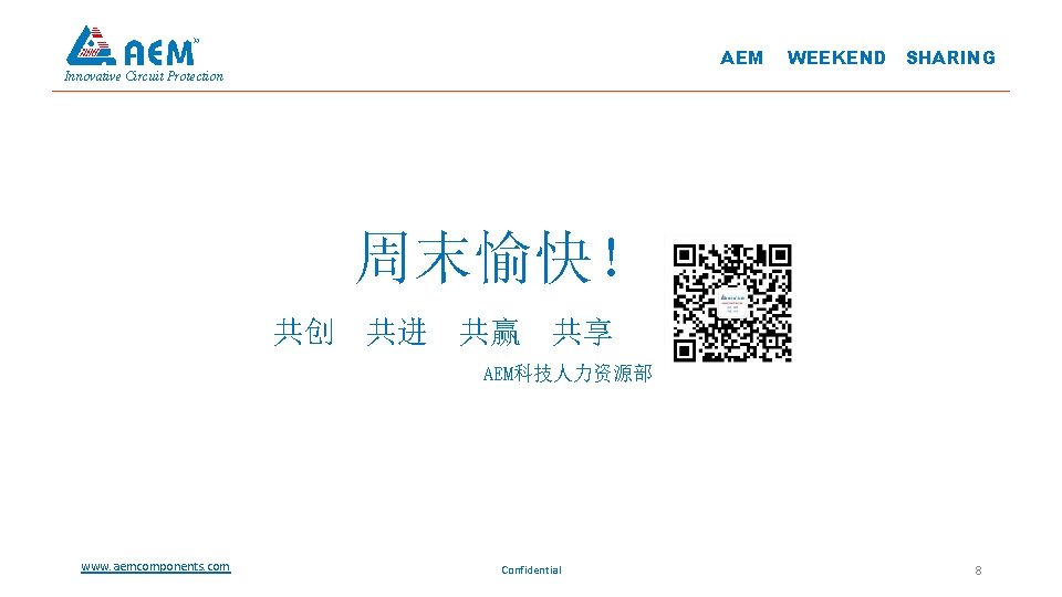 AEM Innovative Circuit Protection WEEKEND SHARING 周末愉快！ 共创 共进 共赢 共享 AEM科技人力资源部 www. aemcomponents.