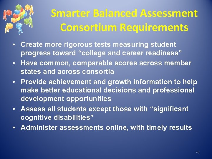 Smarter Balanced Assessment Consortium Requirements • Create more rigorous tests measuring student progress toward