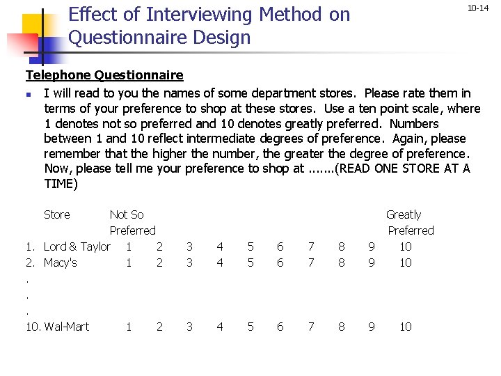 Effect of Interviewing Method on Questionnaire Design 10 -14 Telephone Questionnaire n I will Effect of Interviewing Method on Questionnaire Design 10 -14 Telephone Questionnaire n I will