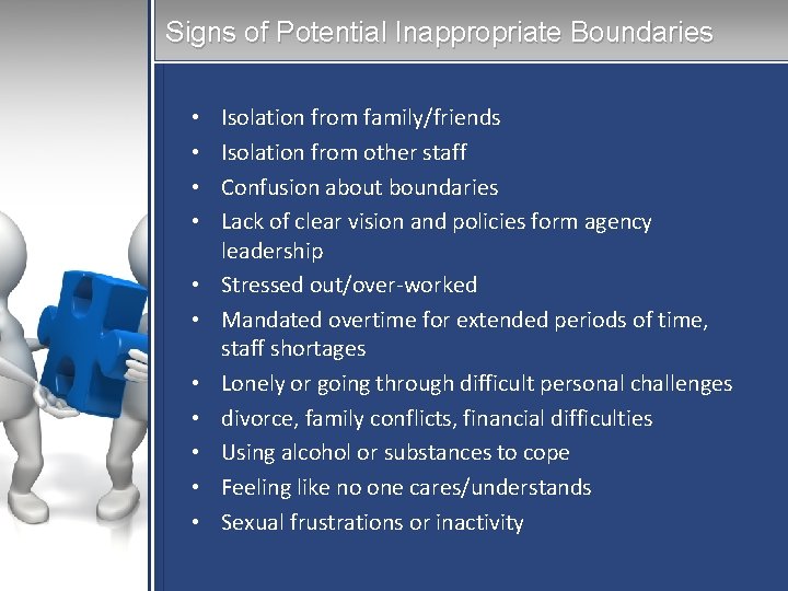 Signs of Potential Inappropriate Boundaries • • • Isolation from family/friends Isolation from other