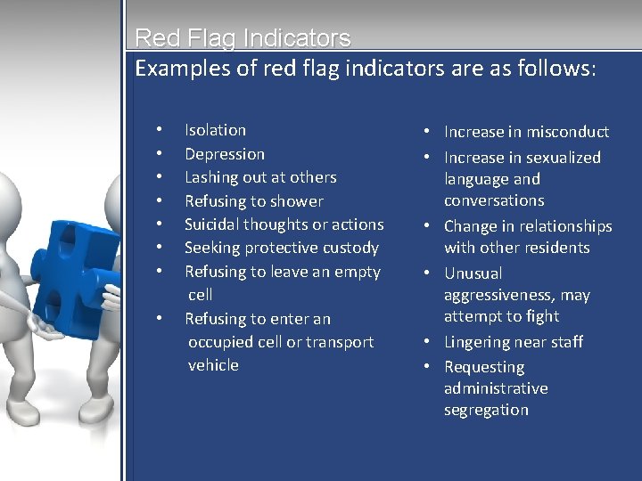 Red Flag Indicators Examples of red flag indicators are as follows: • Isolation •