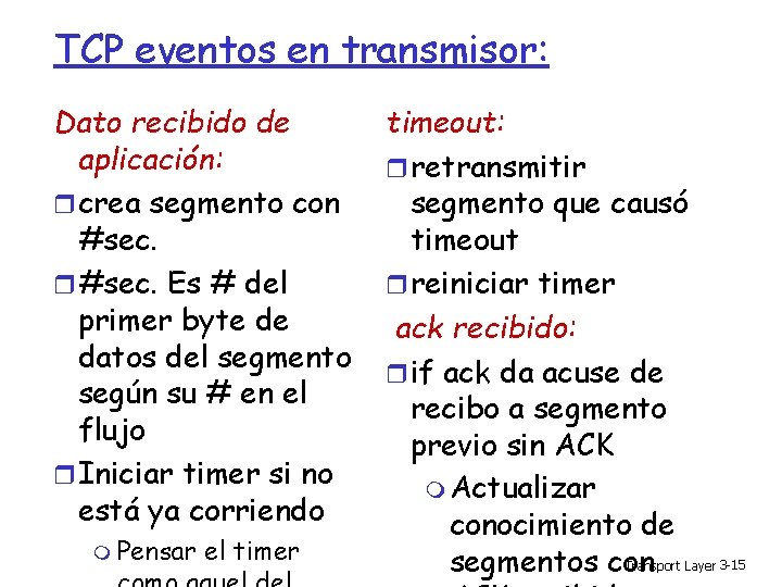 TCP eventos en transmisor: Dato recibido de aplicación: crea segmento con #sec. Es #