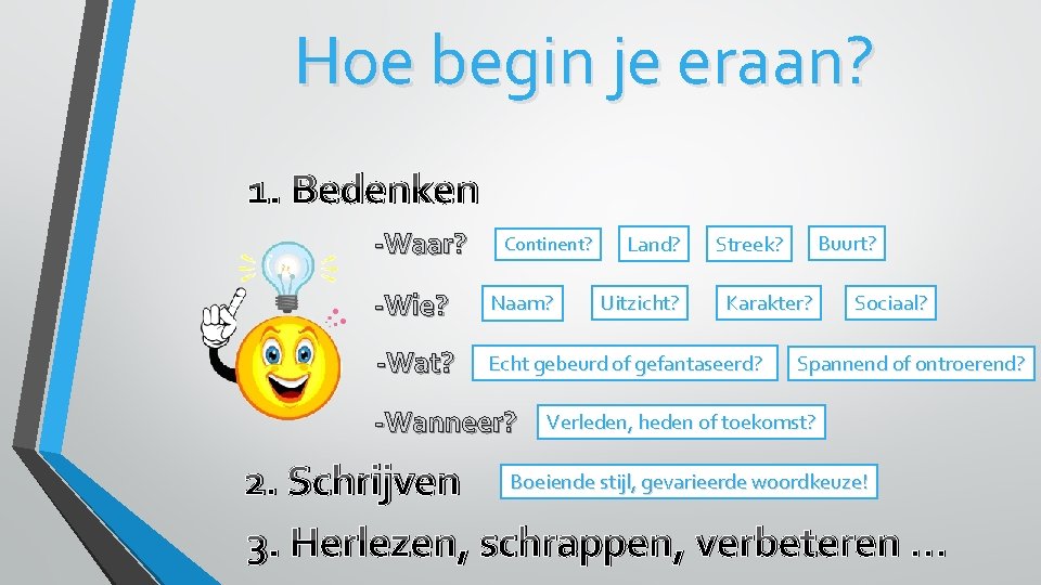 Hoe begin je eraan? 1. Bedenken -Waar? Continent? Land? -Wie? Naam? -Wat? Echt gebeurd