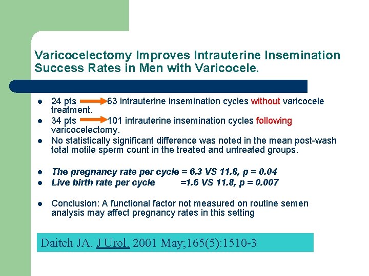Varicocelectomy Improves Intrauterine Insemination Success Rates in Men with Varicocele. l l l 24