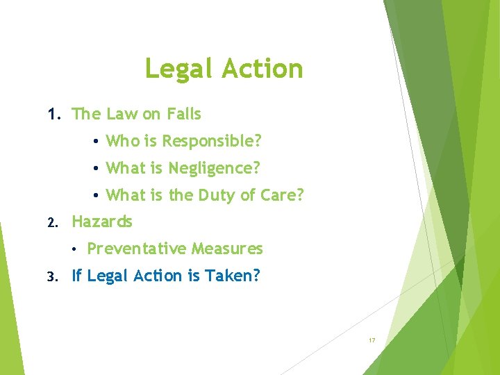 Legal Action 1. The Law on Falls • Who is Responsible? • What is