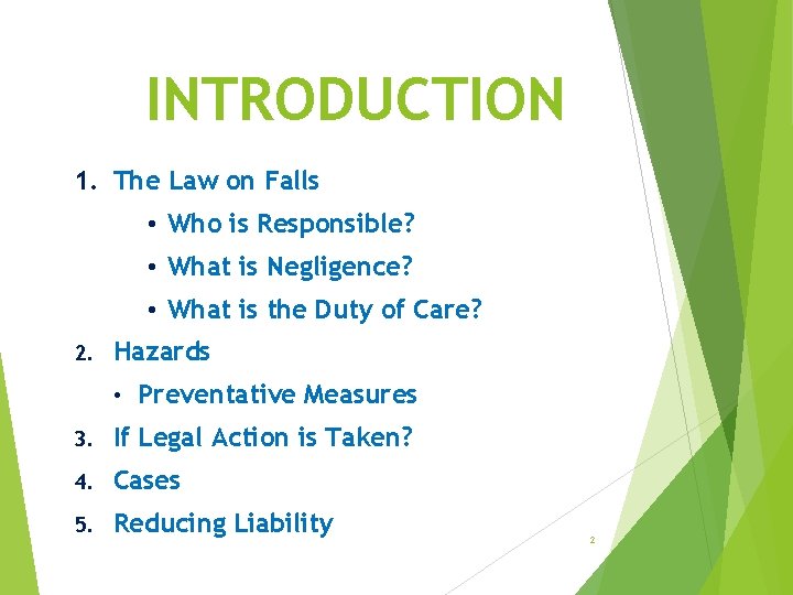 INTRODUCTION 1. The Law on Falls • Who is Responsible? • What is Negligence?