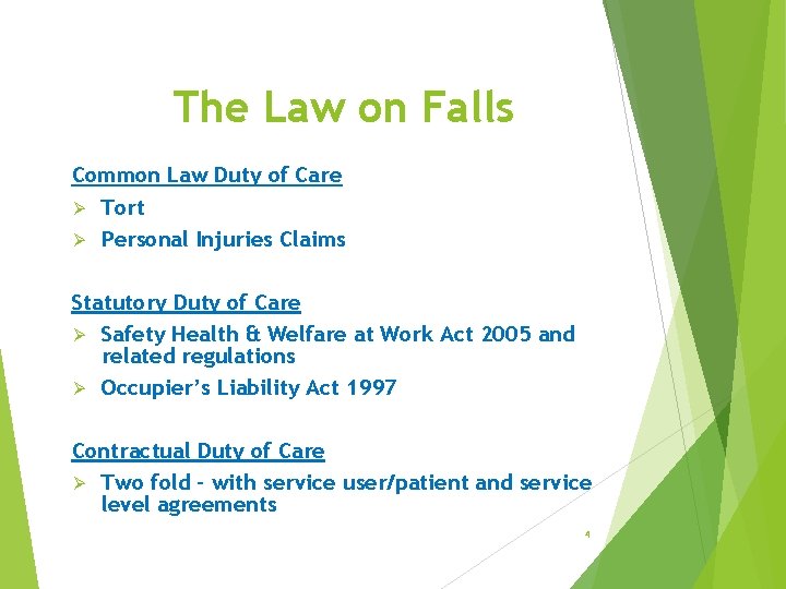 The Law on Falls Common Law Duty of Care Ø Tort Ø Personal Injuries