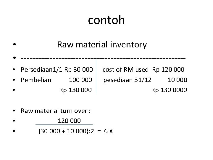 contoh • Raw material inventory • ---------------------------- • Persediaan 1/1 Rp 30 000 •