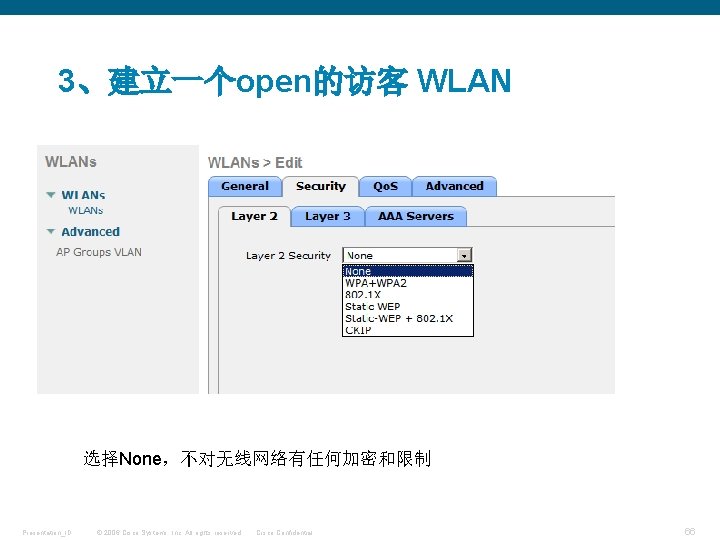 3、建立一个open的访客 WLAN 选择None，不对无线网络有任何加密和限制 Presentation_ID © 2006 Cisco Systems, Inc. All rights reserved. Cisco Confidential