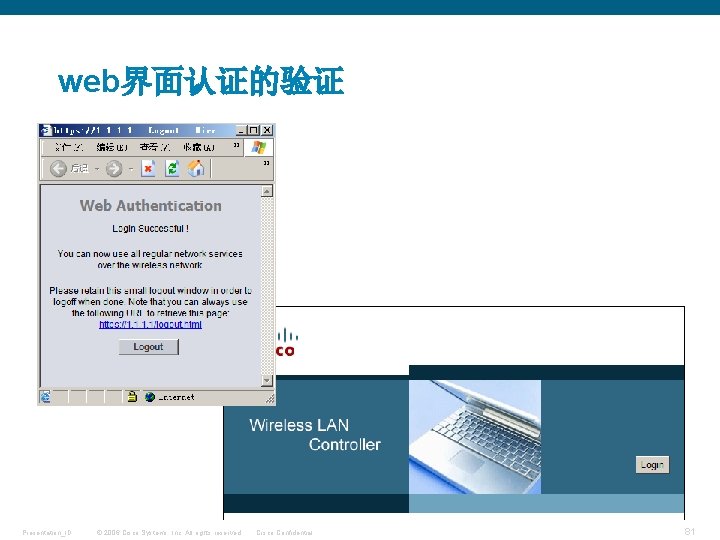 web界面认证的验证 Presentation_ID © 2006 Cisco Systems, Inc. All rights reserved. Cisco Confidential 81 