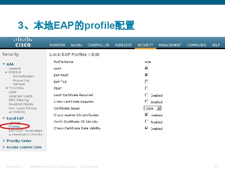 3、本地EAP的profile配置 Presentation_ID © 2006 Cisco Systems, Inc. All rights reserved. Cisco Confidential 87 
