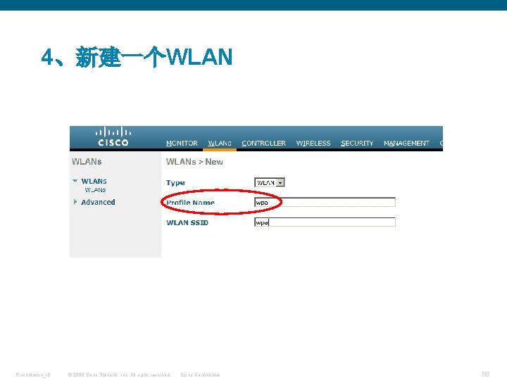 4、新建一个WLAN Presentation_ID © 2006 Cisco Systems, Inc. All rights reserved. Cisco Confidential 88 