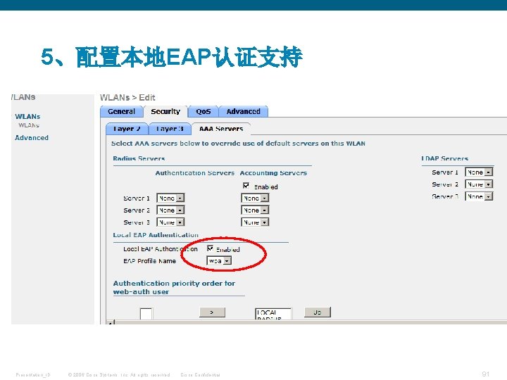 5、配置本地EAP认证支持 Presentation_ID © 2006 Cisco Systems, Inc. All rights reserved. Cisco Confidential 91 