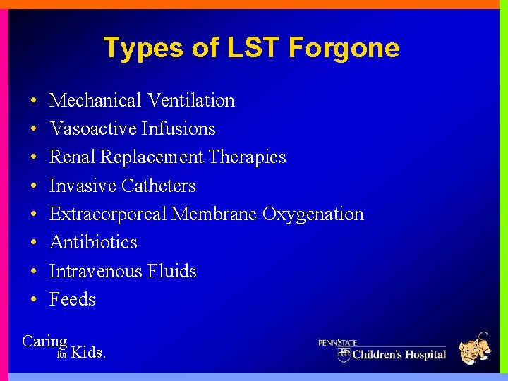 Types of LST Forgone • • Mechanical Ventilation Vasoactive Infusions Renal Replacement Therapies Invasive