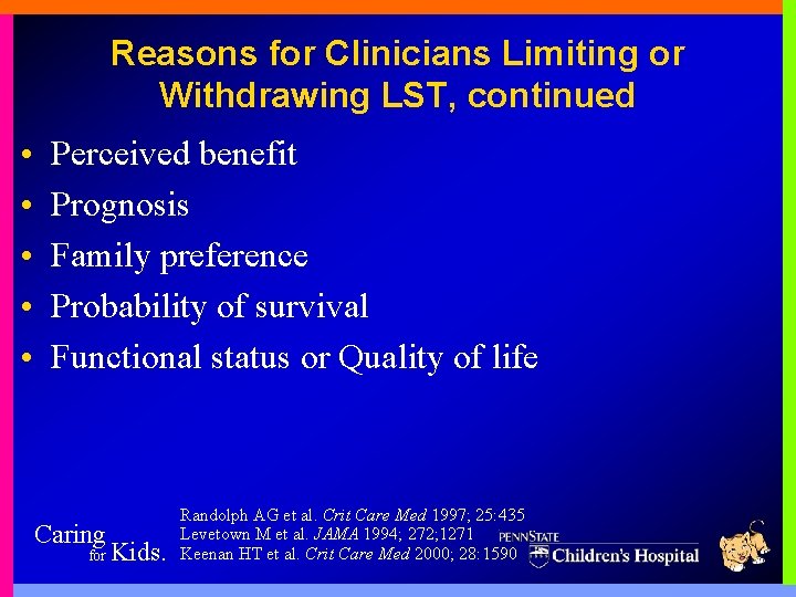 Reasons for Clinicians Limiting or Withdrawing LST, continued • • • Perceived benefit Prognosis