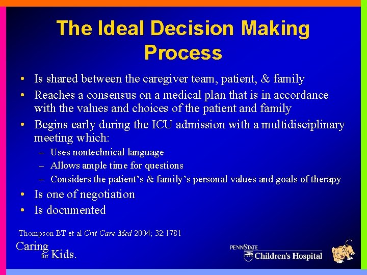 The Ideal Decision Making Process • Is shared between the caregiver team, patient, &
