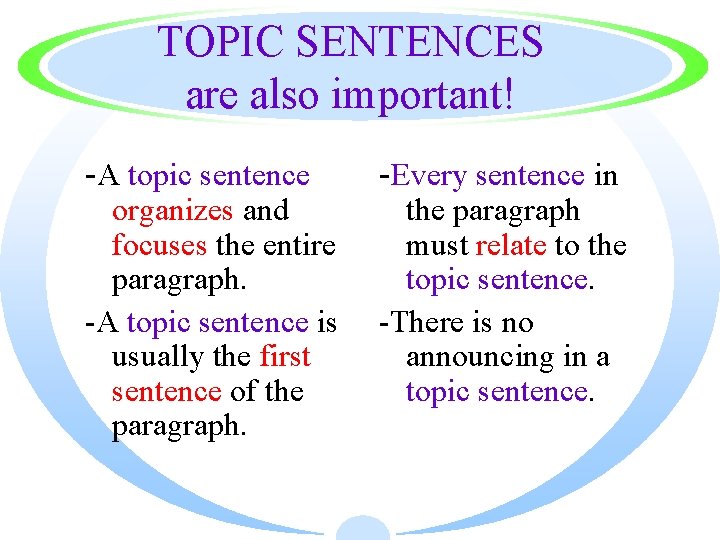 TOPIC SENTENCES are also important! -A topic sentence organizes and focuses the entire paragraph.